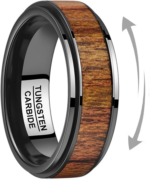 Engraved Personalized Black Tungsten Fidget Spinner Rings for Men 8mm Wedding Band Koa Wood Inlay Custom Fidget Rings for Anxiety Released Comfort Fit Size 7-12