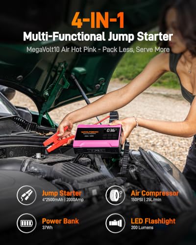 Image of WOLFBOX 2000A Jump Starter with Air Compressor, 37Wh Car Battery Booster Jumper Starter Portable(up to 5L Gas Engine), 12V Jump Box Pack with 150PSI Tire Inflator, Jumper Cables, LED Light - Hot Pink