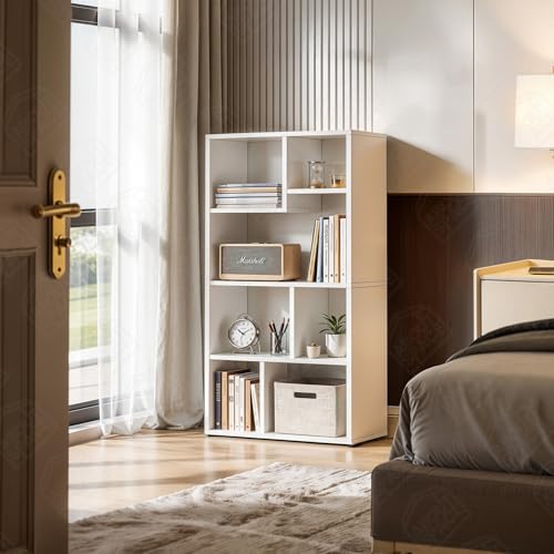 Image of ABOUT SPACE Book Shelf for Home Library - Book Rack with 7 Different Sized Shelves for Living Room, Bedroom, Home Office Book Stand for Kids, Adults Wooden Book Shelf (White - L 50 x B 26 x H 107 cm)