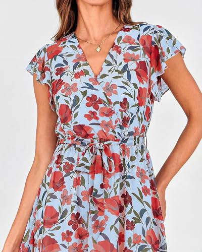 Image of BTFBM Women Summer Bohemian Floral Casual Wrap V Neck Ruffle Cap Sleeveless Belt A-Line Pleated Hem Midi Sun Dress White