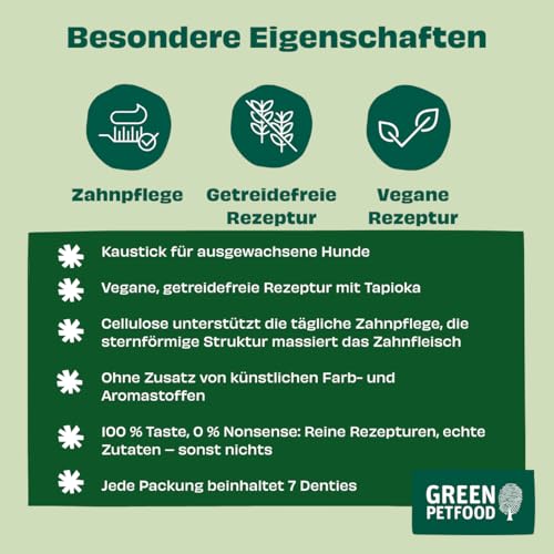 Green Petfood VeggieDog Denties (13 x 180 g) | Adult | Premium Kausnack für Hunde mit Tapioka & Kartoffel | Leckerli, Snack & Zahnpflege in einem | vegan | getreidefrei | Ergänzungsfutter | 13er Pack