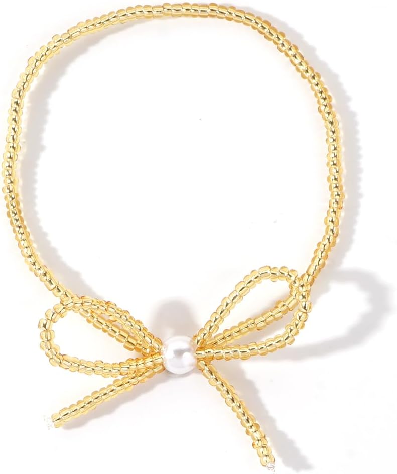 Gold Bow Beaded Bracelet for Women Handmade Boho 14K Gold Plated Beads Ball Charm Bracelet Stack Stretch Adjustable Stackable Dainty Fashion Bowknot Jewelry Beach Cute Prom Vacation Gift