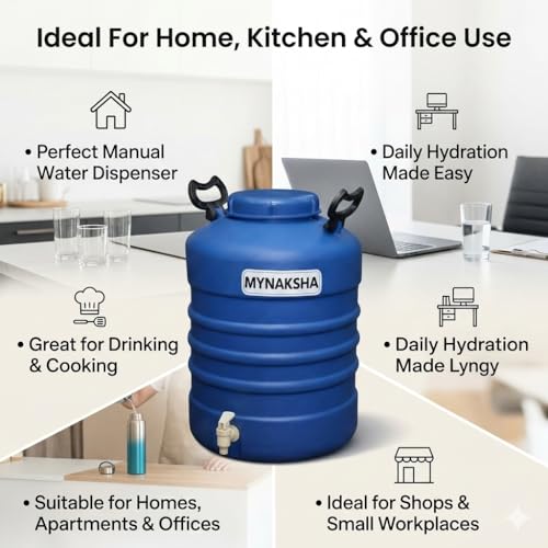 Image of MYNAKSHA Water Dispenser with Tap, Plastic Water Storage Drum, Open Top with Lid, Ideal for Home, Kitchen & Office, Food Grade HDPE Material, UV-Stabilized (25 litres, Blue)