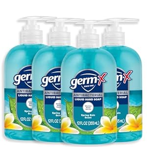 Germ-X Antibacterial Hand Soap, Moisturizing Liquid Hand Wash for Kitchen or Bathroom, pH Balanced & Dermatologist Tested, Spring Rain, 12 oz Pump Bottle (Pack of 4)
