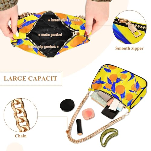 Oranges Deep Blue Leaves Clutch Handbags Womens Print Shoulder Purses Zipper Hobo Purse Clutch with Chain Strap4