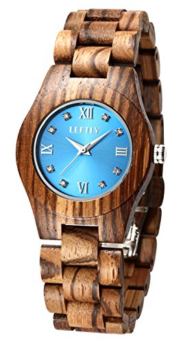 LEFTLY Women Wooden Watch Quartz Movement Lightweight Blue Face Analog Wrist Watches