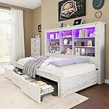 Jocisland Twin Bed Frame with Storage Drawers, Bookcase Headboard, USB Charging, RGB Lights, Farmhouse Wood Daybed No Box Spring Needed, Distressed White
