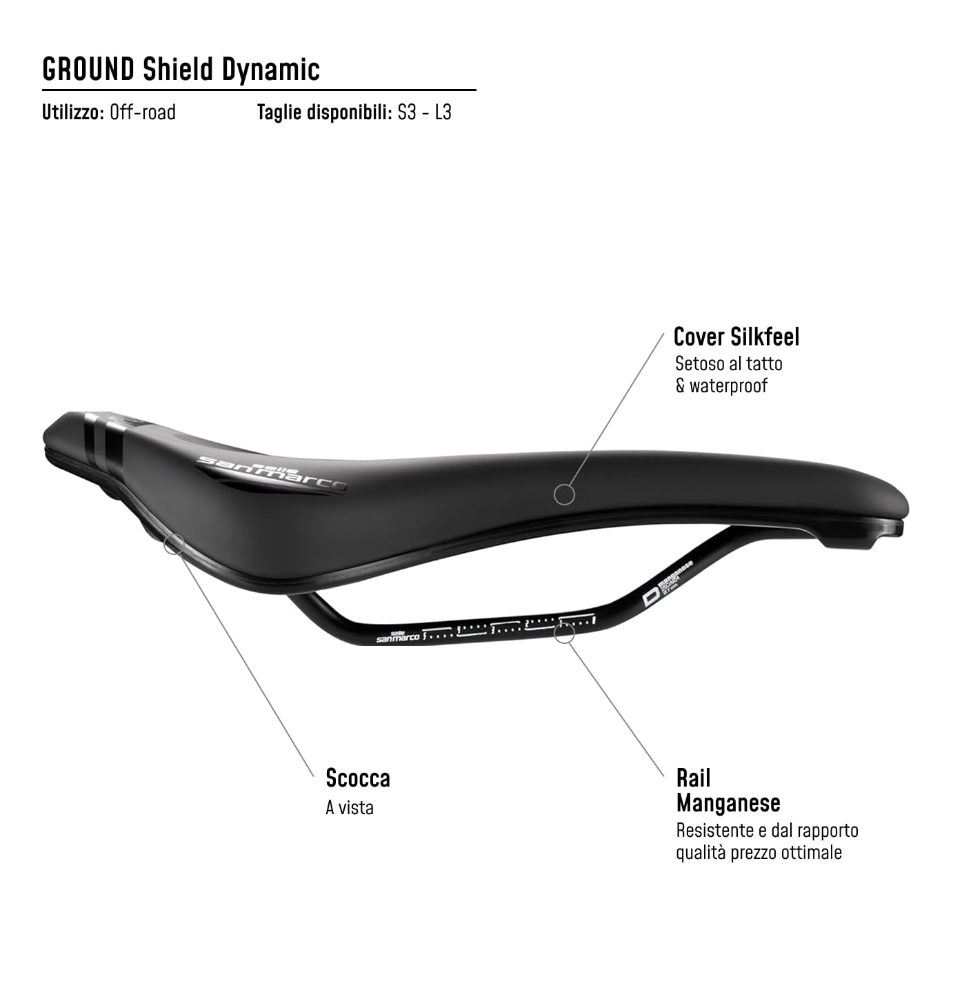 Selle San Marco GROUND Shield Dynamic – Sella MTB/Off-Road con Protezione Fango, Foro Centrale Open Fit, Telaio in Acciaio Manganese