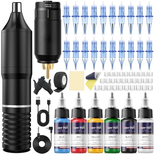 Major Dijit Tattoo Machine Set - Máquina de tatuaje inalámbrica con batería de 1300 mAh, 6 colores de tinta de tatuaje, 20 agujas y tatuajes de piel de ejercicio