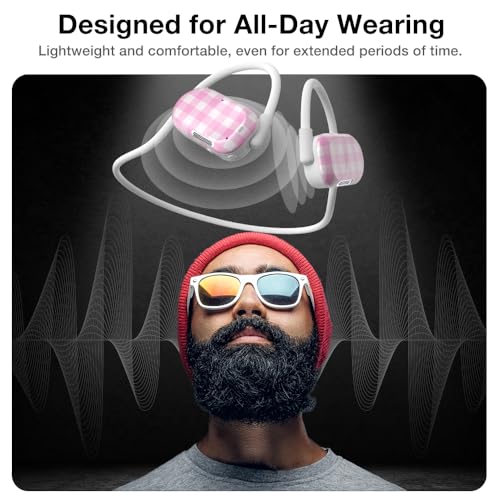 Image of Purity Air Open Ear Headphones - True Air Conduction Wireless Bluetooth Open Ear Earbuds with Dual Mic for iPhone /Android - Secured Long Wearing Comfort, Sports Sweat Resistant (Pink Checkers)