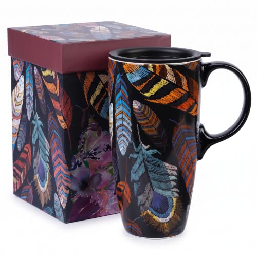 Topadorn 17oz Ceramic Travel Mug with Lid, Boho Feather Mug With Handle