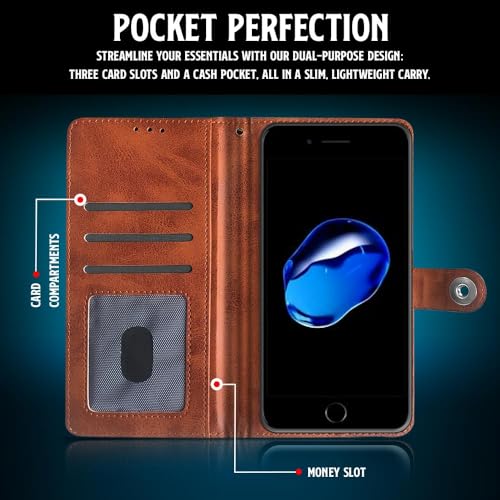 Image of WOW IMAGINE Shock Proof Flip Cover Back Case for Apple iPhone 7 Plus | 8 Plus (Designer Magnetic Button Flip Case | Inbuilt Wallet Pockets & Stand | Leather Finish | Alder Brown)
