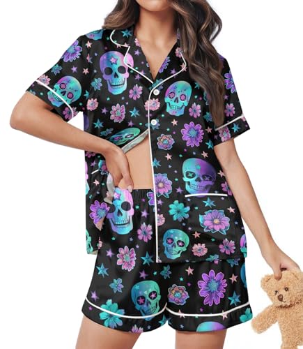 HUNTFAMI Silky Short Satin Pajamas For Women 2 Pieces Comfy Sleepwear Pajama gift in Summer Night Sugar skull