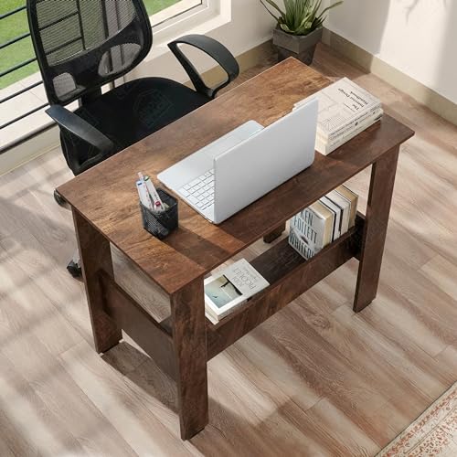 Image of ABOUT SPACE Rustic Wooden Study Table with Storage | Multipurpose Office Desk for Students & Adults | Solid Wood | Brown