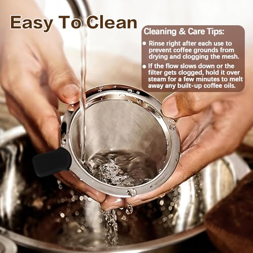 Image of Pour Over Coffee Dripper, Stainless Steel Coffee Filter, Paperless Reusable Coffee Filter, Double Micromesh 600 Mesh Strainer Coffee Maker with Heat-Resistant Silicone Handle & Base for 1-2 Cup