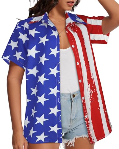 Image of Women Hawaiian Shirt Button Down Summer Tops Beach Short Sleeve Blouse