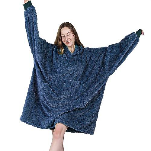 MIZZEO Microfiber Wearable Blanket, Oversized Light Wearable Blanket Hoodie for Adults, Cozy Soft Warm Plush Hooded Blanket Gifts for Women, One Size Fits All (Navy)