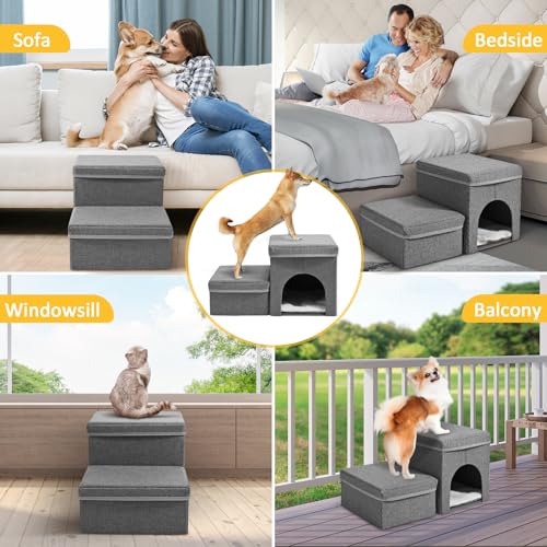 Couleeur Haustiertreppe für Hunde und Katzen,2 Stufen Hundetreppe,rutschfeste Hundetreppe für Kleine Hunde faltbar mit Stauraum für Katzen Dogs