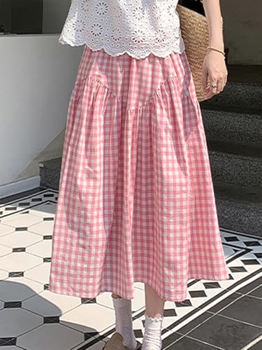 Women's Summer High Waist Plaid Gingham Skirt Casual Swing A Line Midi Skirt3