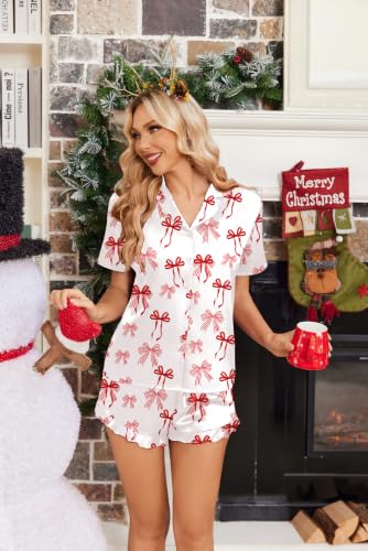 Image of Ekouaer Womens Satin Pajamas Set Button Down 2 Piece Silk Pjs Shorts Set Ruffle Lingerie Notch Collar Sleepwear