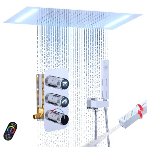 Enga Juego de grifo de ducha de lujo, montaje en techo de 14 x 20 pulgadas, cabezal de ducha LED de lluvia con pulverizador de mano de doble función, válvula de ducha de latón con perilla indicadora