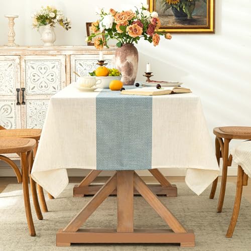 SIELUNO Rectangle Tablecloth Cotton Linen Waterproof Table Cloth Rustic Farmhouse Table Cover for Holiday Parties Christmas Kitchen Dining Decoration-Beige and Blue -54"x70"