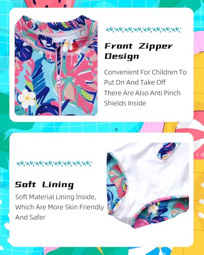 Image of Kids Girls Rash Guard Long Sleeve One Piece Swimsuits Zipper Bathing Suits UPF 50+ Tropical Plant Flowers Ages 3-12
