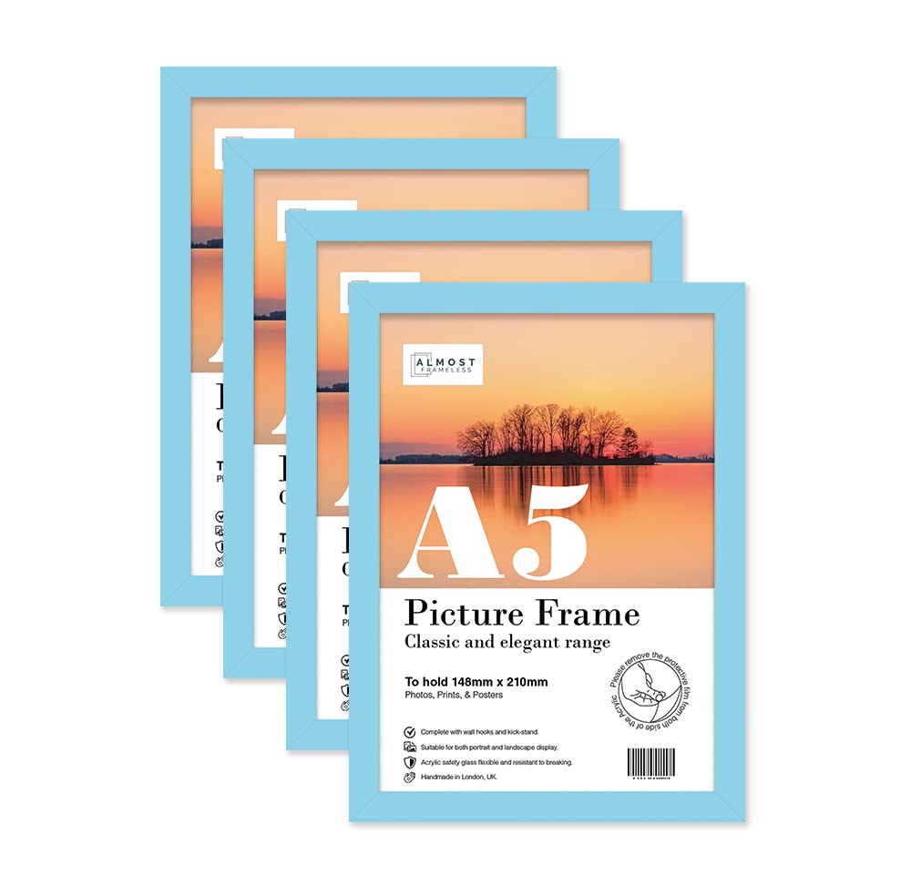 Almost Frameless A5 Light Blue Picture Frame Set of 4, Display A5 Picture Gallery Wall, Poster, Photo, Artwork, or Print, Light Blue