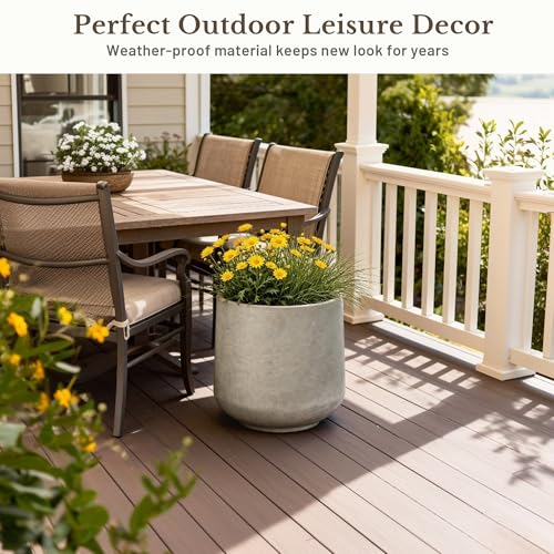 Image of Kante Weathered Concrete Planter 13 inch Dia All-Weather Round Accent Pot | Handcrafted Cement Curved, Anti-Frost & UV Outdoors, Plug for Indoor, Lightweight & Durable, Modern Home, Garden, Porch