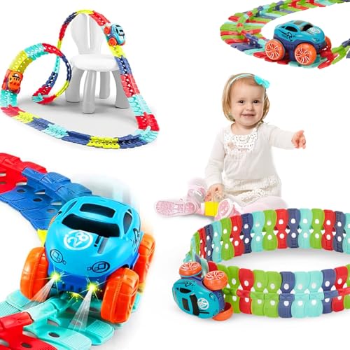 Image of Amazon Brand - Jam & Honey - Monster Wheels Track Set - 102 Pcs Anti Gravity Toy Endless DIY Flexible Bends Track with Light-Up Mini Monster Truck for Kids' Racing Adventure
