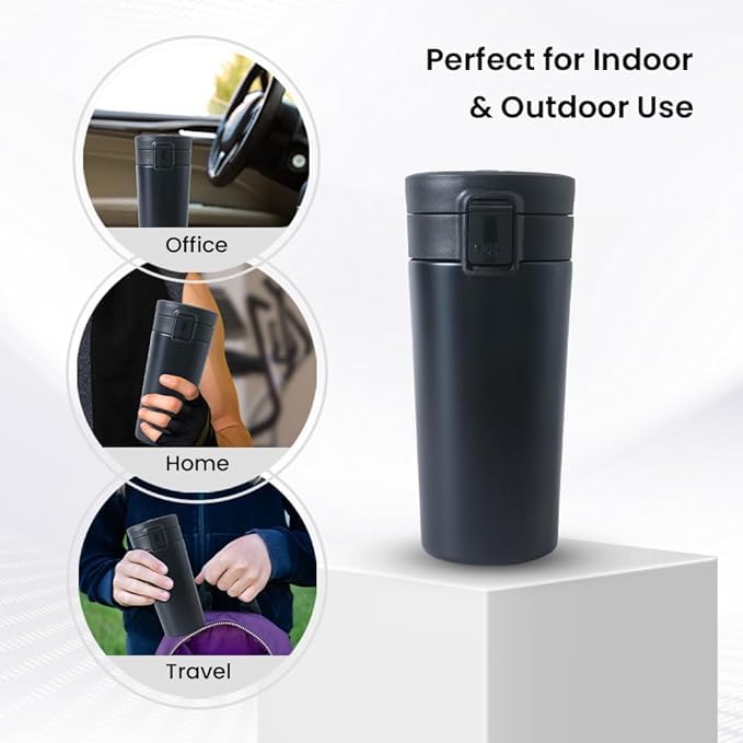 Image of Insulated Thermal Coffee Mug, Stainless Steel Travel Mug | Double Wall Vacuum Insulated, Black | 8 Hrs Hot & 14 Hours Cold | Ideal for Personal & Corporate Gifting-380ml-Black