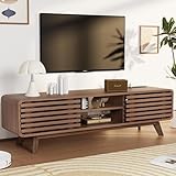 Royal Windsor Modern TV Stand for Living Room, Media Console Cabinet with Socket, Large Entertainment Center with Storage, TV Table with Slatted Sliding Doors and Open Shelves, Reddish Brown