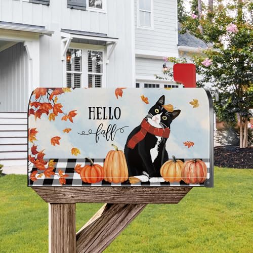 Image of Hello Fall Cat Pumpkin Maple Leaf Mailbox Cover Magnetic Standard Size 21x18 Inch Fall Autumn Decorative Post Letter Box Wrap Decor Garden Yard Decoration