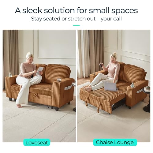 Image of LINSY HOME Loveseat Sofa with Pull Out Couch Chaise: 2-in-1 Convertible 2 Seater Sofa with USB Charging & Cup Holders, Comfy Plush Corduroy Love Seat for Small Spaces Living Room Apartment, Brown