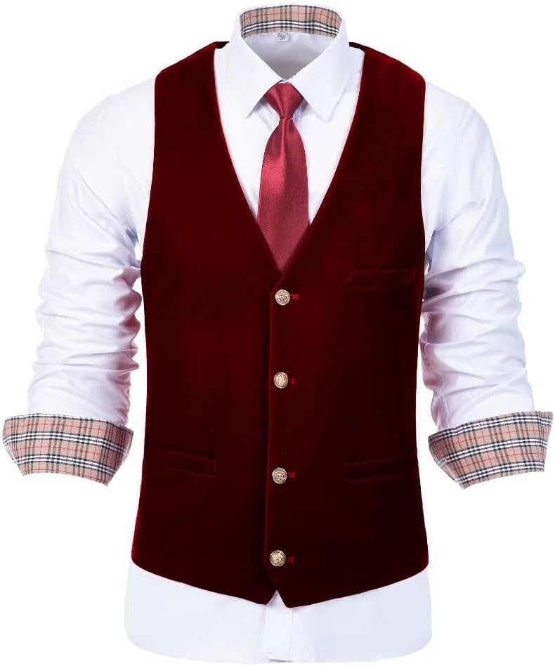Wehilion Men's Vest Velvet Waistcoat Burgundy Suit Vest 3 Pocket Full Back Regular Fit-bg xxxl