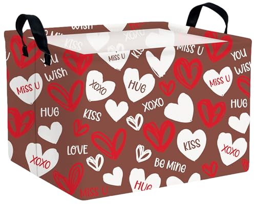 Image of Large Valentine's Day Basket Heart Shaped Storage Bin for Gifts Collapsible Organizer Room Decor (Brown Bottom White Red Love)