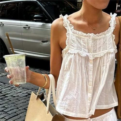 Womens Boho Lace Trim Tank Y2k Tie Front Button Down Crop Top Flowy Lace Babydoll Cami Top Beach Vacation Vest2