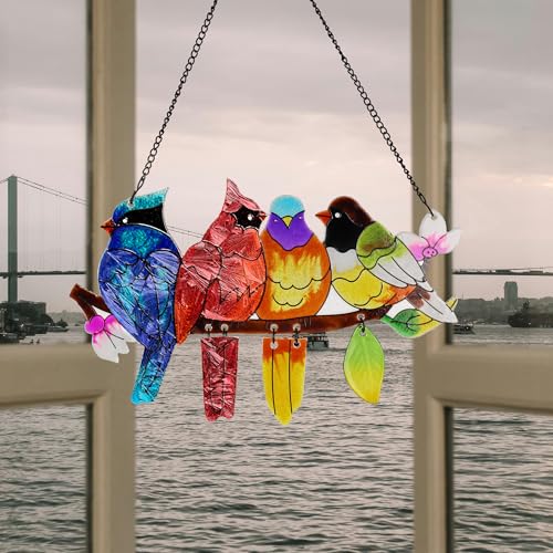 Image of DASTOLL Stained Glass Window Hanging, Birds on A Branch Stain Glass Suncatcher, Hand-Painted Sun Catchers Indoor Window Decoration Bird Lover Gift for Mom, Grandma, Stocking Stuffers for Women