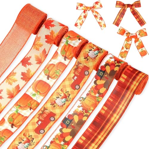 Tigeen 6 Rolls 30 Yards Thanksgiving Ribbons Wired Edge, 2 Inch