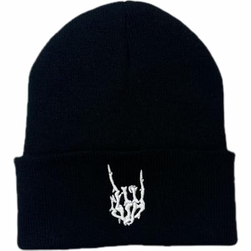 Bonnet brodé squelette main en métal, signe de la main des cornes pour Halloween, chapeau en laine noir et blanc, noir/blanc, Taille unique