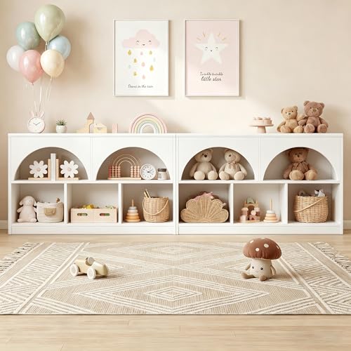 Fatmok 2-Shelf Bookcase Set of 2, Arched Design Wooden Toy Storage Organizer and Storage for Books Toys, 5-Section Montessori Bookshelf for Kids Rooms, Playroom, Nursery, Kindergarten (White)