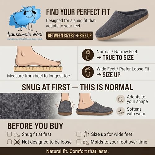 Image of Wool Felt Mule Slippers for Women & Men, Handmade 100% Natural Wool Backless House Shoes with Premium Suede Sole, Warm Breathable Indoor Slip-On
