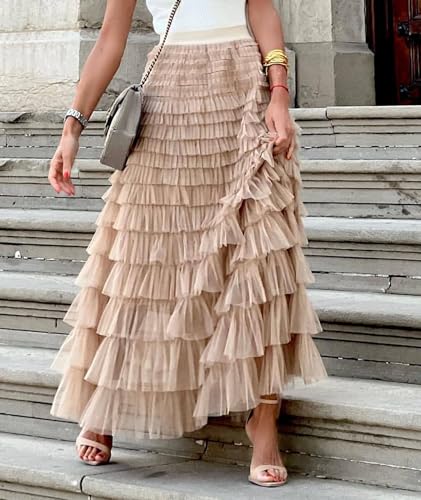 SOMTHRON Women's Tiered Tulle Maxi Long Skirts A Line Layered Ruffle High Waisted Prom Party Mesh Tutu Skirt3