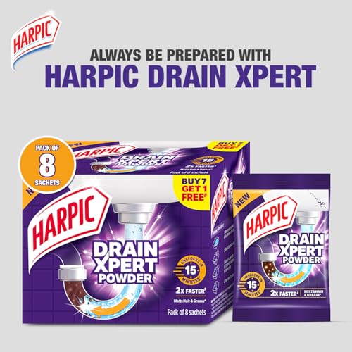 Image of Harpic 1 Litre - Lemon, Disinfectant Toilet Cleaner Liquid + Harpic DrainXpert Drain Cleaner Powder Sachets (Pack of 8) | Melts Grease & Dissolves Hair | India's Fastest drain cleaner