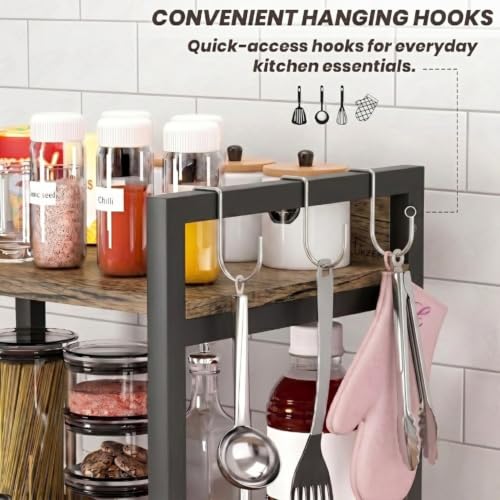 Image of TEKAVO Jeni 4-Tier Kitchen Organizer Rack|Multipurpose Microwave Stand for Kitchen Platform & OTG Oven|Steel Utensils Storage Shelf with Hooks | Forest Wood, Metal (60x39x130 cm) | DIY
