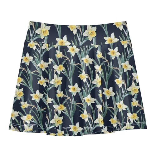 Aesthetic Daffodils Athletic Skorts for Girls with Built-in Shorts Flowy Toddler Athletic Skort Kids Cheer Skirt with Pockets 4-12Y