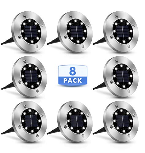 Hmleton Solar Ground Lights - 8 LED Solar Garden Lamp Outdoor Waterproof In-ground Disk Lights Powered Landscape Lighting for Patio Pathway Lawn Yard Deck Driveway Walkway Flood Lights (8 Pack)