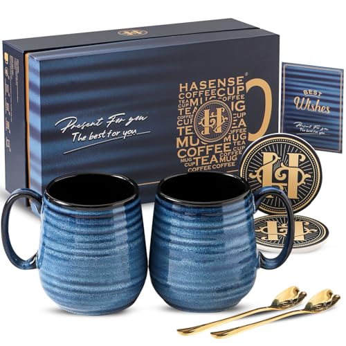 HASENSE Coffee Mugs Gift Set, 20 oz Ceramic Coffee Cups for Men and Women, Premium Large Tea Cups Gift Box with Coaster & Gold Spoon, Blue Couple Mugs for Wedding Holiday