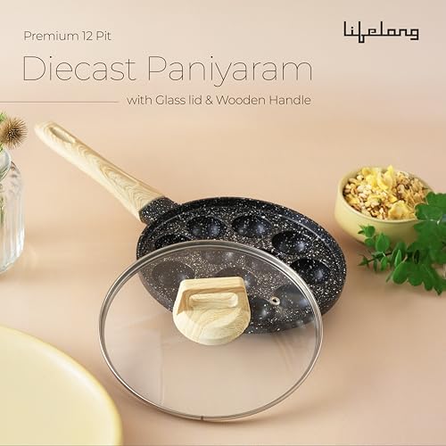 Image of Lifelong Diecast Aluminum Paniyaram Pan | 12 Pits, 1.5kg | 0.54L | 25cm Diameter |Pan with Glass Lid & Wooden-Finish Handle | For Cupcakes, Appe & Paniyaram |Durable for Easy Cooking & Cleaning, Black