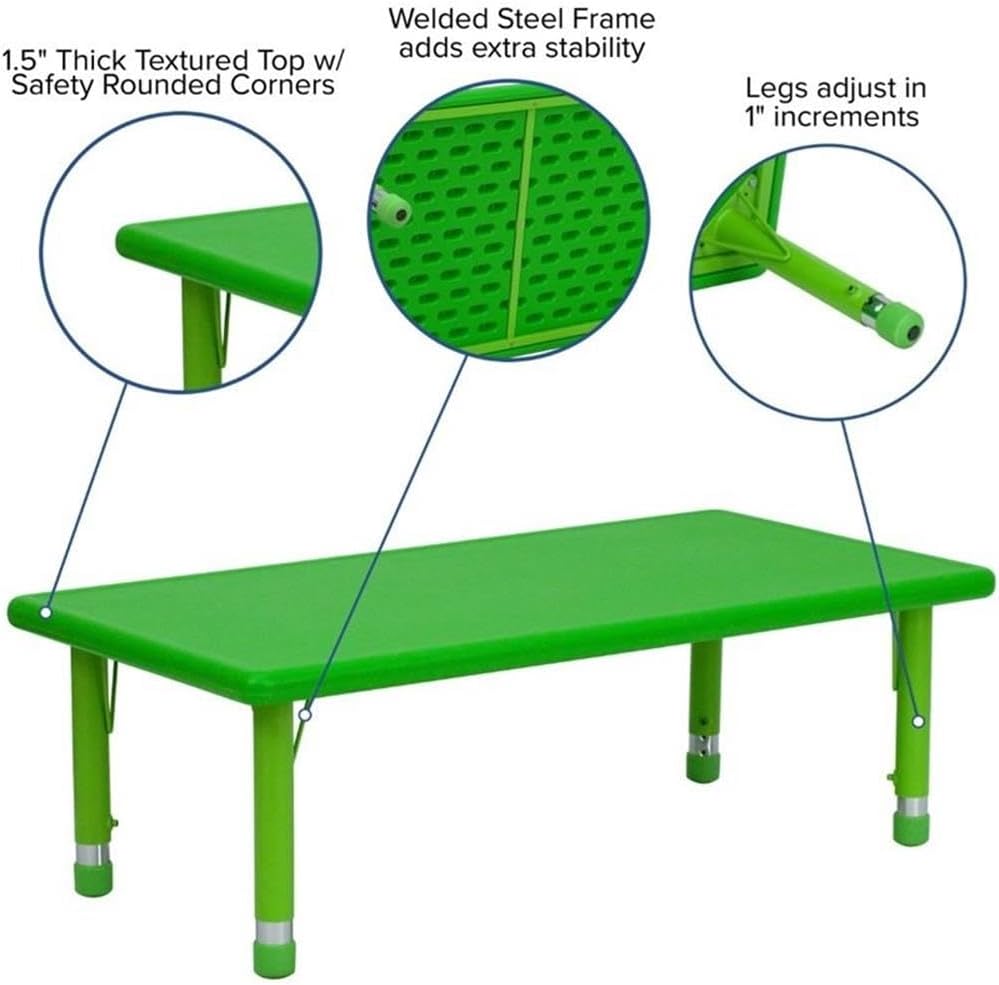 Pemberly Row Kids Activity Table, 48" x 24" Green Plastic Top, Adjustable Steel Legs, Rounded Corners, Seats Up to 6, Durable Design for Daycare, Preschool, Early Childhood Development Centers